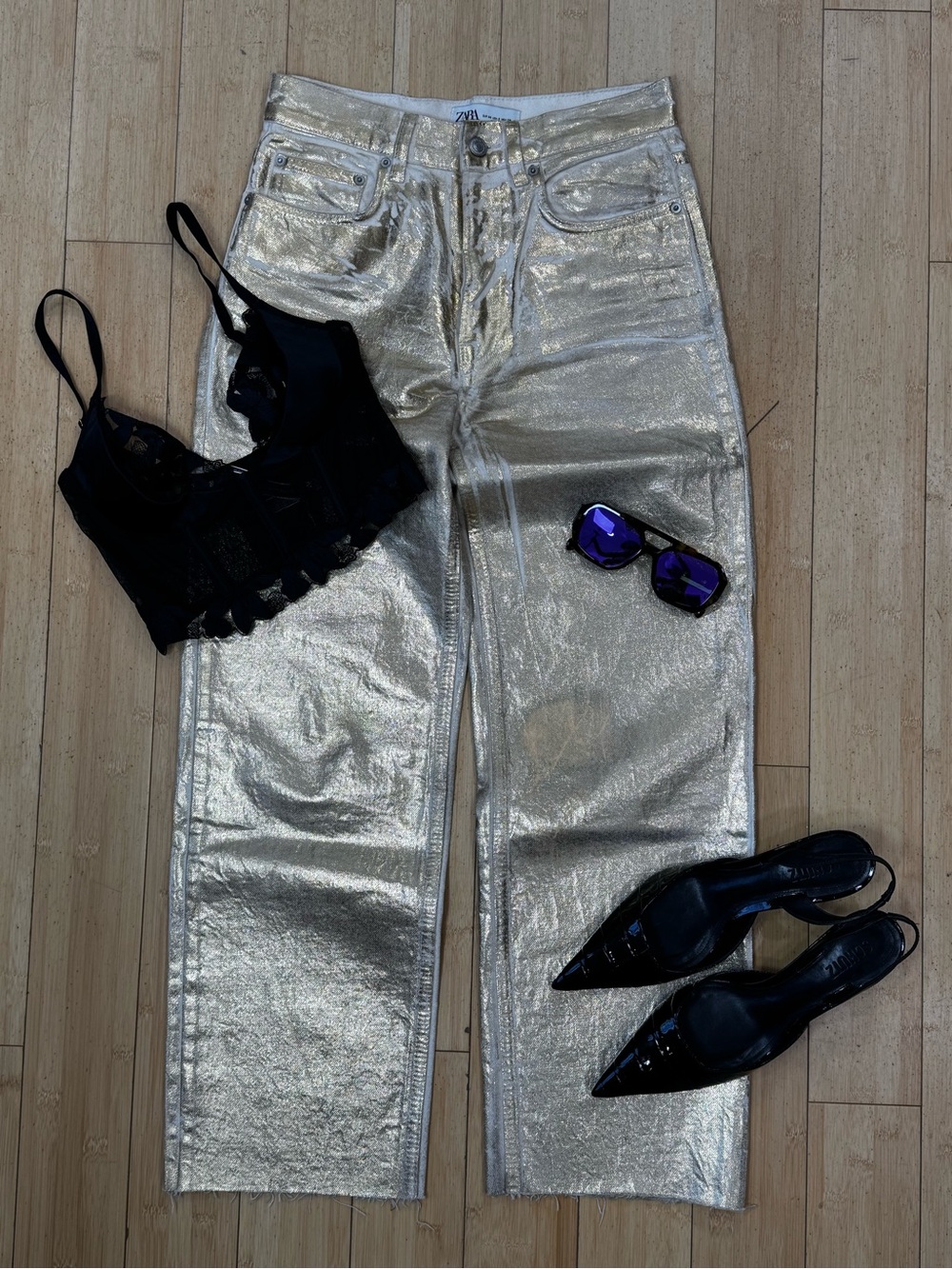 Zara Gold Metallic Straight-Leg Jeans - Women's size 2